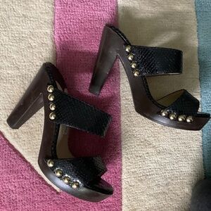 Jimmy Choo Ulrika Black Leather Snakeskin Wood Slide Sandals High Heel 6 36